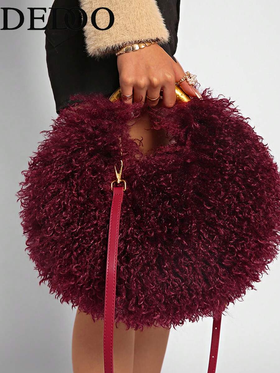 Dedoo 2026 Women's Plush Handbag, Shell Shape, Solid Color, Faux Mink Fur, Hollow Handle, Gold Chain, Crossbody, Fashionable Women's Style, Suitable For Autumn/Winter, Party/Date
