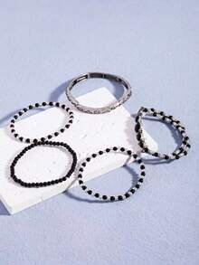 5pcs/Set New Black Beaded Bracelets, Fashion Elastic Cord Bracelet Set, Bohemian Style - Black - View 4