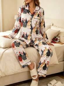 2pcs Women's Pajama Set, Gift 2-Piece Set, Lapel Button Long Sleeve, Loose Elastic Long Pants, Suitable For All Seasons, Home Wear, Outdoor Wear, Comfortable And Loose, New Full Print Pattern - Apricot - View 5