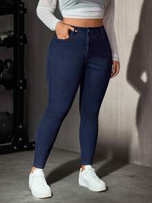 ALO FASHION Jeans pitillo de talla grande para mujer en lavado oscuro, pantalones largos de mezclilla con botones y bolsillos, versátiles para el otoño - Azul - Ver 3
