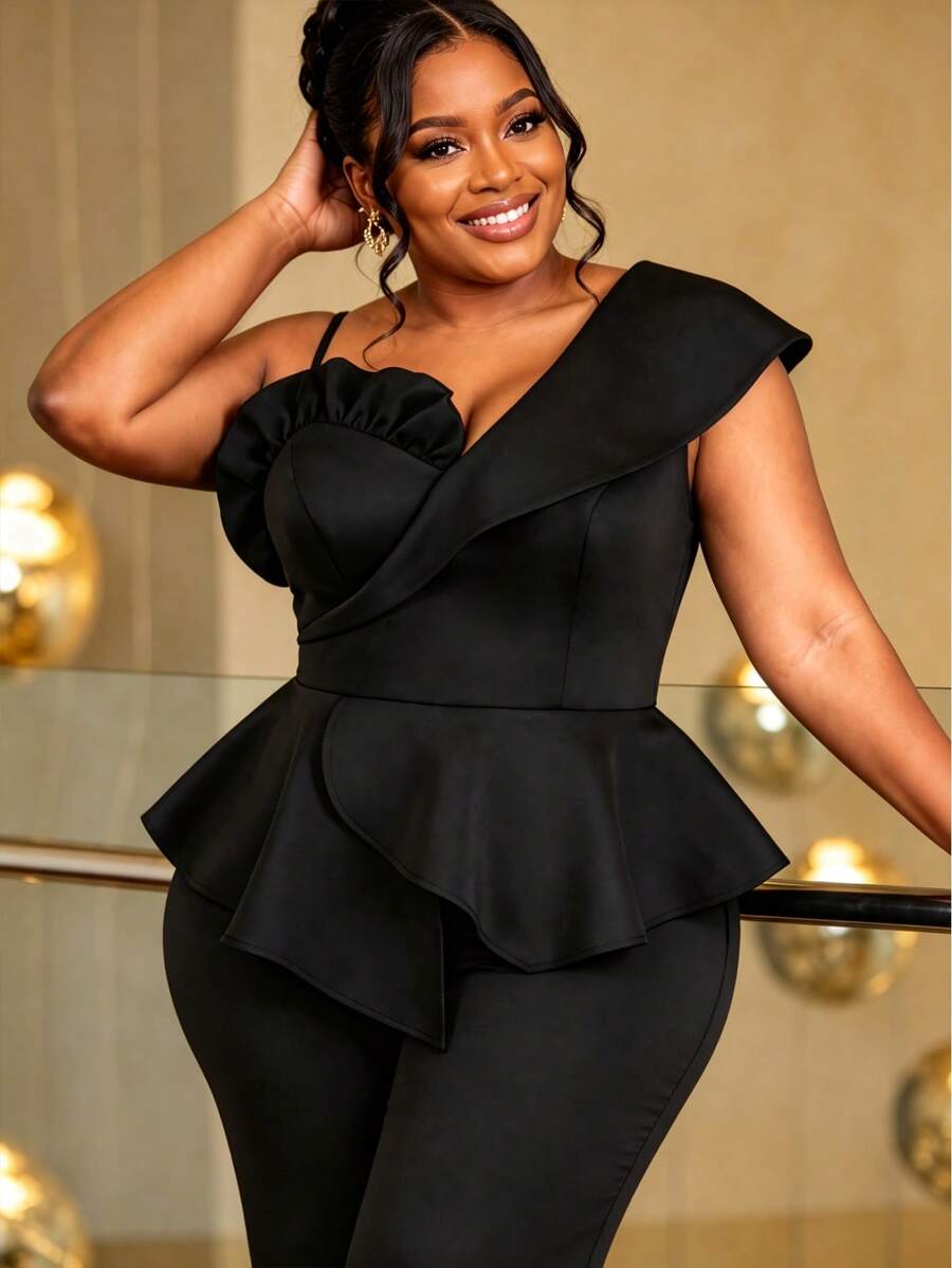 Plus Size Black Elegant Ruffle Jumpsuit, Sleeveless V-Neck Top, Spaghetti Strap, Ruffle Waist, Wide Leg, Slim Fit, Evening Party Jumpsuit