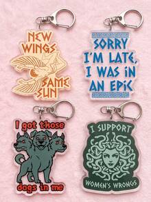 4Pcs Greek Mythology Funny Quote Theme Acrylic Keychains, Including Icarus Falling Wings, Greek Pottery, Cerberus Three-Headed Dog And Medusa Slogan Design, Fashionable Bag Pendant, Suitable For Fan Gifts, Fun Collection, All Season - Multicolor - View 5