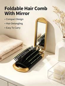 1pc Foldable Air Cushion Hair Brush With Mirror, Portable Mini Pocket Massage Comb, Anti-Tangle Soft Bristles, Travel & Back To School Essential, Women Hair Accessory For Daily Hairstyle - A - View 1