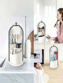 1Pc Large Capacity 360° Rotating Vanity Organizer , With Transparent Dust Cover , Luxury Countertop Storage Rack , Desktop Cosmetic Turntable Holder For Toothbrush , Toothpaste , Razor , Eyebrow Pencils & Makeup Brushes , Halloween & Christmas Gift - Multicolor - View 5