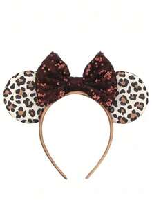 Disney 1pc Classic Character Ear Headband, Leopard Animal Print Fabric Ears Dark Brown Sparkle Sequin Bow Fashion Cosplay Party Hair Hoop  - Multicolor - View 6