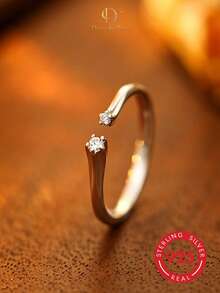 1pc Minimalist Gentle Style 925 Sterling Silver Open Ring With Single Small Round Diamond On Both Ends, Suitable For Women's Daily Commute Wear - Silver - View 5