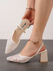 Women's Plus Size Beige Pointed Toe Mesh Slingback High Heels, See-Through Mesh Abstract Line Embroidery Slingback Pumps, Elegant See-Through Upper Fashion Shoes, Suitable For Wedding, Party, Date, Spring/Summer Outfits - White Branch - View 4