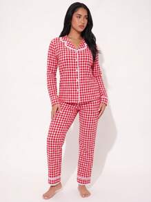 2pcs Women's Plaid Print Lace Patchwork Long Sleeve Pajama Top + Elastic Waist Long Pants Loungewear Set - Red - View 1