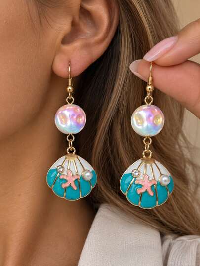 Dellgoo 1 Pair European & American Summer Style Ocean Shell Earrings, Blue & White Drip Oil Pink Starfish Decor Iridescent Oval Pearl Long Earrings For Women Beach Vacation