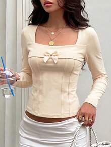Women's Square Neck Long Sleeve Casual Top Spring/Autumn/Winter Women's Clothing Set - Apricot - View 7