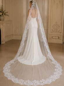 1pc Elegant Vintage Lace Bridal Veil With Metal Comb, Perfect For Vienna Cathedral & Church Weddings - Straight White - View 6