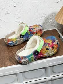 New Men's Plus Size Padded Slippers, Graffiti Design Clogs, Winter Warm Garden Shoes, Suitable For Home Wear - Multicolor - View 5