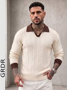 GRDR Fashion Men's Colorblock Collared Knit Long Sleeve Top - Casual Daily Wear - Apricot - View 2