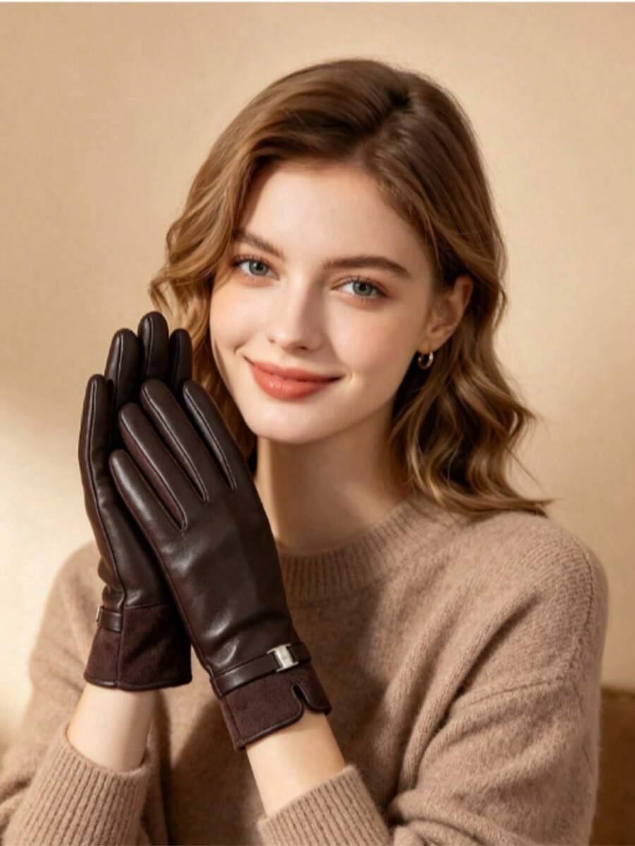 1 Pair New Fashion Elegant Multi-Functional Women's Gloves, Winter Warm Thick Fleece Lining, Suitable For Cold Weather Driving, Outdoor Cycling Touchscreen Gloves - Multicolor - View 1