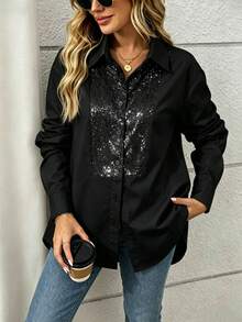 Camisa negra de primavera con botones y parches de lentejuelas brillantes para el escenario y conciertos - Negro - Ver 2