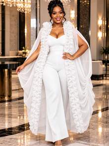 African Women Plus Size White Loose Fit Sheer Sash Ruffle Sleeveless Kaftan Cape With Drawstring Formal Occasion Party Outfits - White - View 6