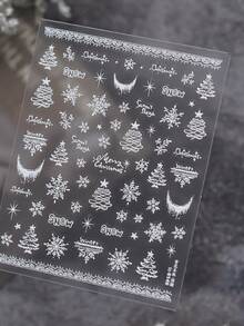 1Sheet Self-Adhesive Winter Christmas Nail Stickers, White Snowflake Xmas Tree Crescent Moon Lace Pattern Nail Decals, Xmas DIY Nail Supplies - White - View 3