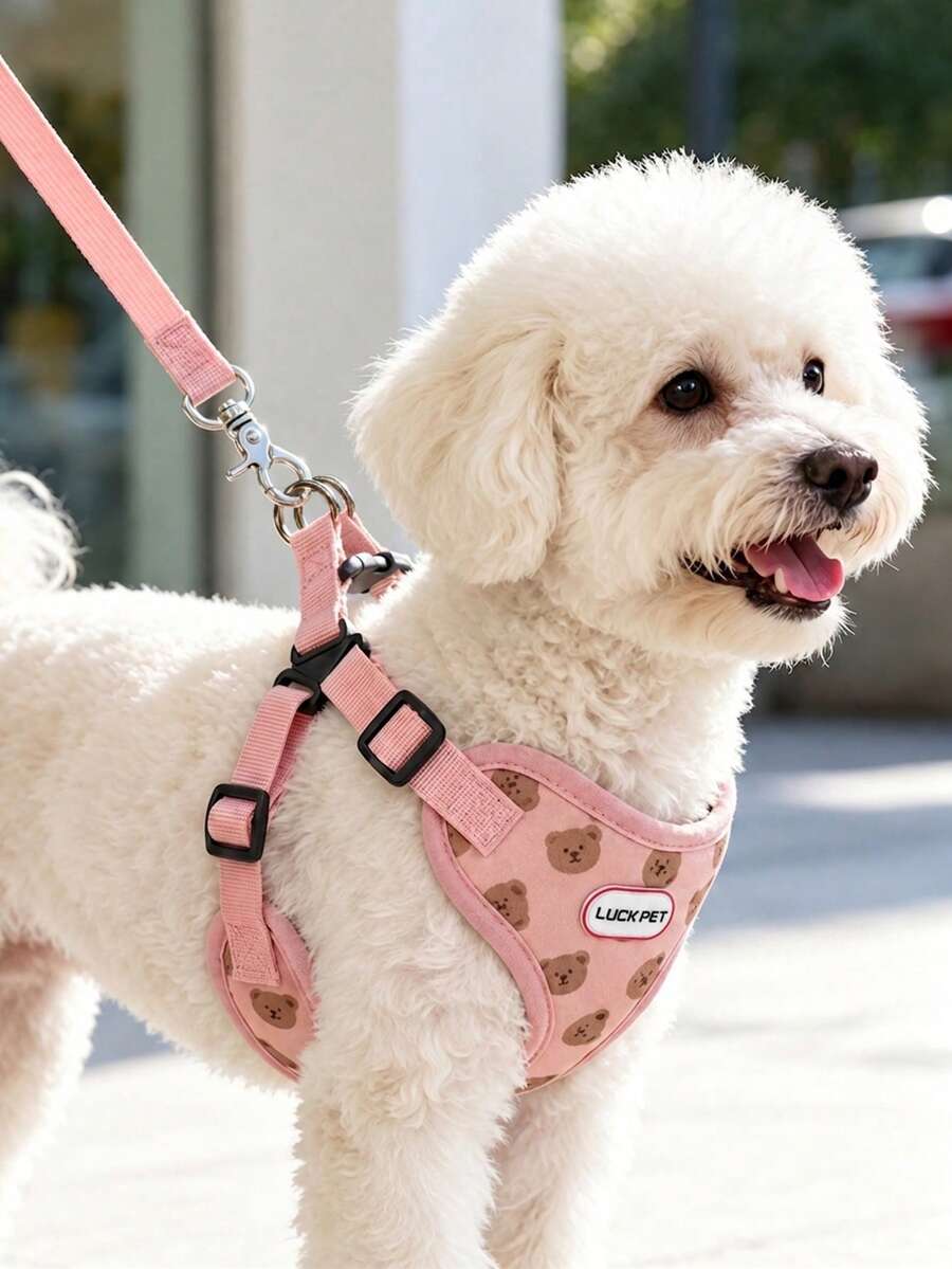 Pink Luckpet Bear Pet Harness & Leash Set Vest Style Dog Harness Suitable For Small To Medium Dogs Walking Escape-Proof Adjustable Buckle Easy On/Off Travel Essential - Pink - View 1