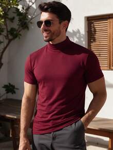 ALTZTAR Men's Loose Thin Mock Neck Short Sleeve T-Shirt, Simple Fashion, Suitable For Summer - Burgundy - View 1