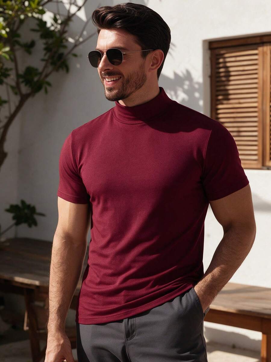 ALTZTAR Men's Loose Thin Mock Neck Short Sleeve T-Shirt, Simple Fashion, Suitable For Summer - Burgundy - View 1