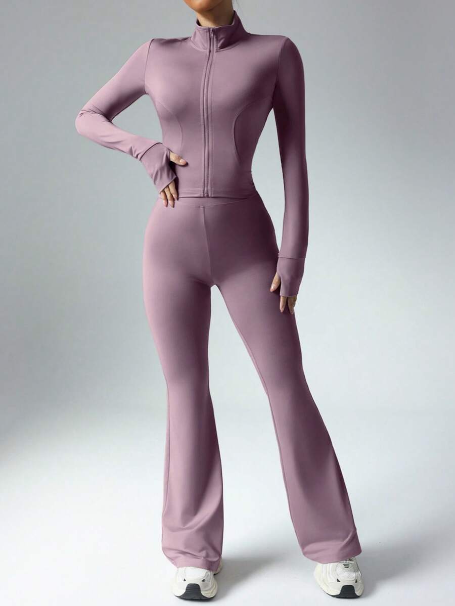 Women Solid Color Long Sleeve Top And Slim Fit Pants Active Set Workout ...