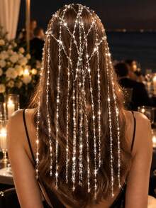 Elegant Shiny Hollow Mesh Hair Chain With Tassel Hair Accessory, Versatile For Party And Occasion,Head Jewelry - Silver - View 4