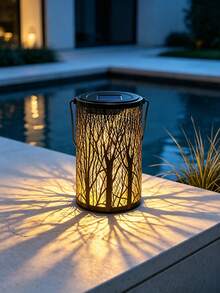 1pc Black & White Metal Forest Tree Cutout Hanging Solar Lantern, Waterproof Outdoor LED Night Lamp, Solar Decor Light For Backyard, Walkway, Patio, Wedding, Garden Party, Landscape Yard Decoration - Multicolor - View 4