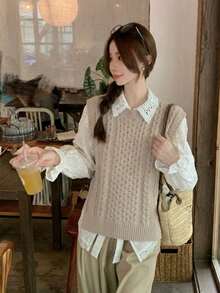 Women's Sleeveless Round Neck Ribbed Knit Sweater Vest, Fashionable Retro Style, Regular Fit Basic Layering Top - Khaki - View 7