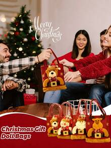 1pc Christmas Plush Doll Gift Bag Set With Sturdy Handles - Features Santa Claus, Snowman, And Reindeer Patterns. Durable And Reusable Holiday Gift Bags, Suitable For Candy And Stocking Stuffers, High-Quality Stitching, Ideal For Holiday Wrapping - Multicolor - View 3