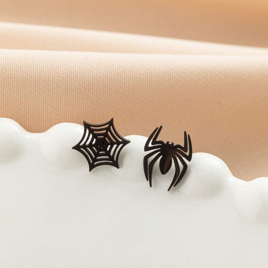 1 Pair Spider Web Earrings Black Stainless Steel Halloween Gothic Ear Jewelry Couple Earrings, For Daily Wear - GED767 - View 1