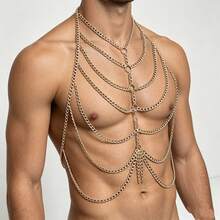 1pc European & American Men's Heavy Metal Necklace, Personalized Street Style Multi-Layer Gold Chest Chain, Exaggerated Performance Jewelry - Men's Body Chain - View 3