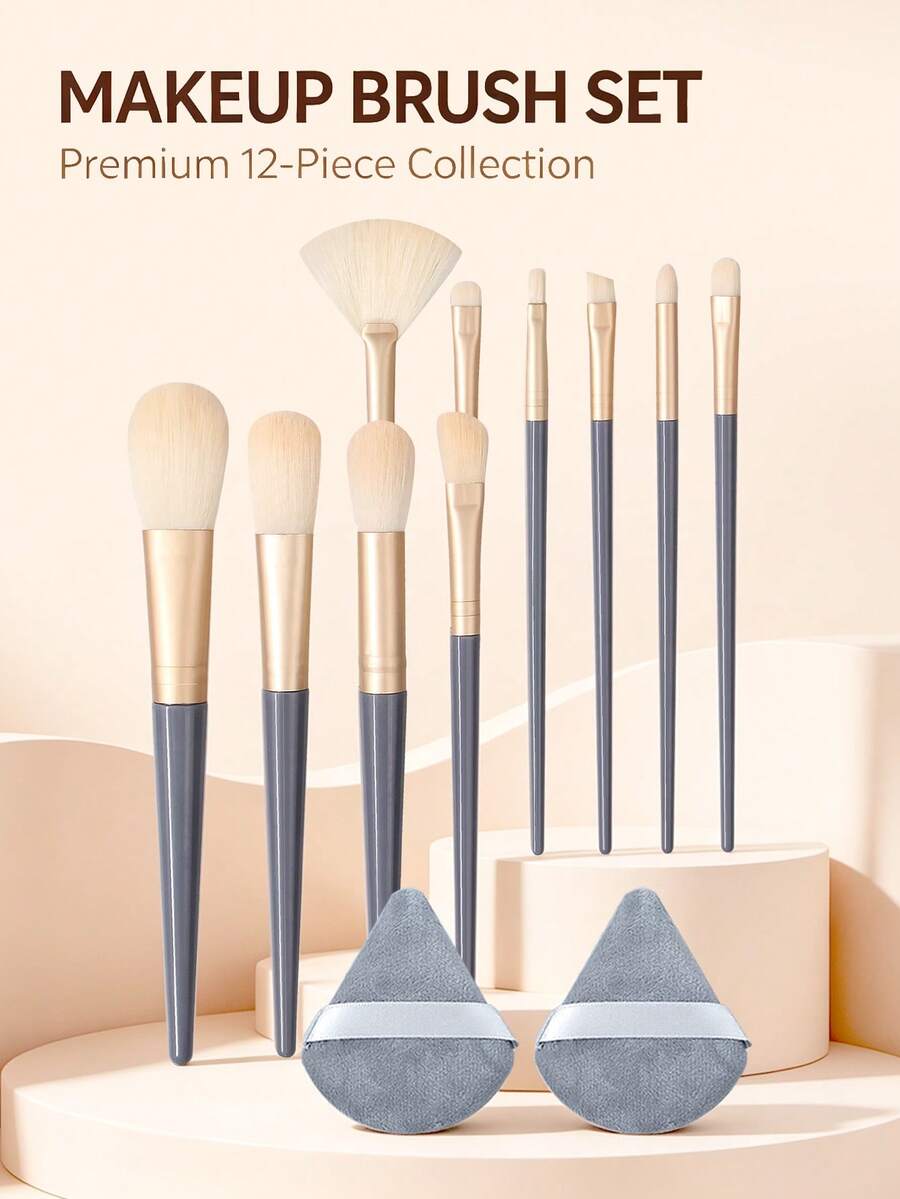 12pcs Full Set Makeup Brush Set, Foundation Brush, Blush Brush, Contour Brush, Powder Brush, Eyeshadow Brush, Highlighter Brush, With Triangle Powder Puff, Professional Makeup Tool Set