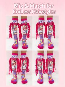 1pair Girls Rock Star Cartoon Print Knee High Socks, DIY 3D Braids Design, Fun Novelty Crazy Socks For Party Costume & Birthday Gift - Hot Pink - View 4
