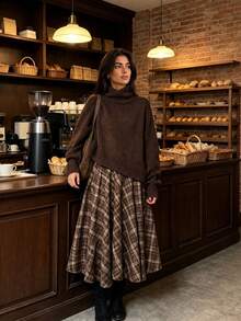 Women's Vintage Casual A-Line Midi Skirt, Plaid Pattern Brown Skirt, Suitable For Commuting, Shopping, Dating, Comfortable And Elegant - Brown - View 2