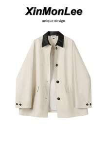 Khaki Vintage Casual Utility Button-Up Jacket, Suitable For Campus, Office, Vacation And Daily Wear In Spring And Autumn - Apricot - View 1