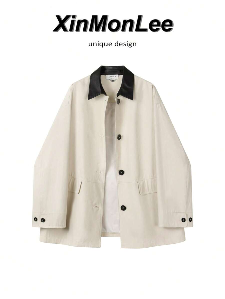 Khaki Vintage Casual Utility Button-Up Jacket, Suitable For Campus, Office, Vacation And Daily Wear In Spring And Autumn - Apricot - View 1
