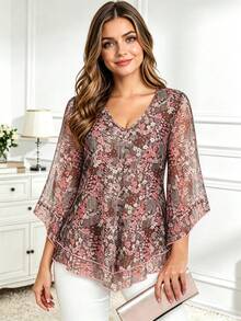 CheersLife Plus Size Women Elegant Blouse, V-Neck Double-Layer Elastic Mesh Casual Flowy Work Shirt With Ruffle Hem And 3/4 Bell Sleeves Vacation Spring - Multicolor - View 1