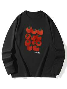 Women's Fashion Autumn/Winter Loose Minimalist Versatile Letter & Tomato Print Long Sleeve T-Shirt - Black - View 3