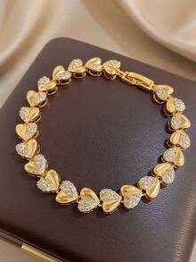 1Pc Gold Plated Heart Pave Gold Bracelet With Reversible Diamond & Polished Finish Y2K Delicate Jewelry For Women,Daily/Party, Christmas Gift,Wedding - Multicolor - View 6