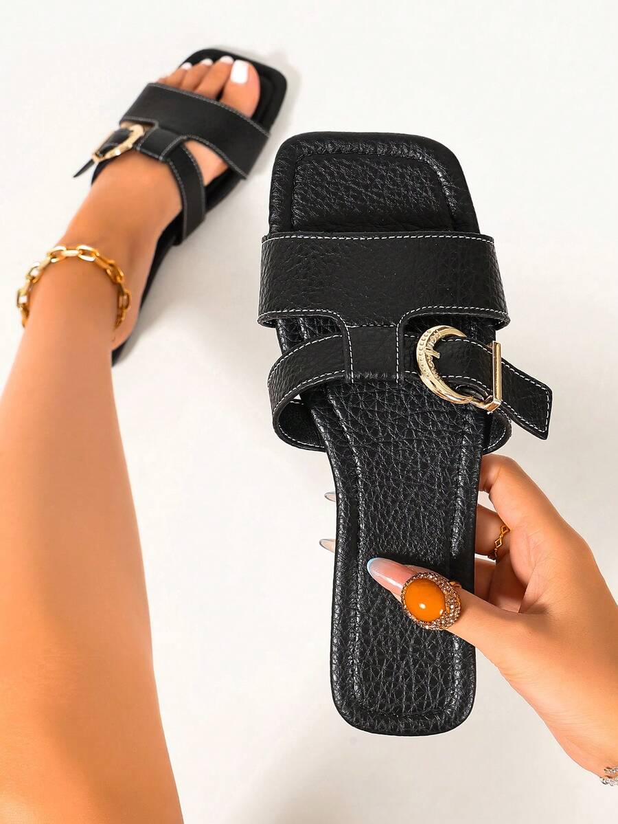 Ximi Ruo Spring/Summer New Women's Fashion Casual One-Strap Slide Sandals, Comfortable Flat Low-Heel Round Toe Minimalist Outdoor Beach Slippers, Versatile Decorative Flat Sandals For Women - Black - View 1