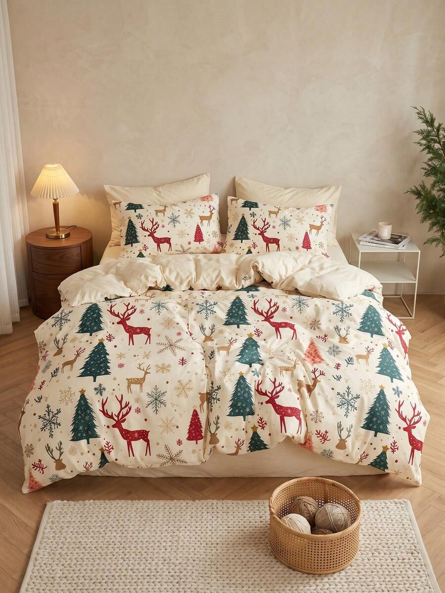 2/3pcs Christmas Snowflake Reindeer Tree Pattern Duvet Cover Bedding Set, Soft & Breathable, Wrinkle-Resistant, Better Sleep,Gift For Parents & Friends, Includes 1 Duvet Cover + 1/2 Pillowcases Dorm Bedding - Multicolor - View 1