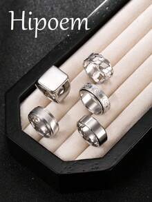 Hipoem 5pcs Fashion Stainless Steel Men's Rings, Twisted Large Square Star Moon Rotating Horizontal Sand Design Combination Set, Suitable For Daily Wear, Dating, Halloween Party, Holiday Jewelry - Silver - View 6