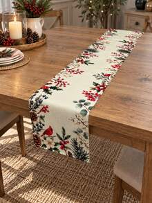 Christmas Cardinal Bird Holly Red Berry Pinecone Print Table Runner, Vintage Botanical Fabric Table Runner, Xmas Holiday Dining Table Decoration - Christmas Pine Cone Print - View 1