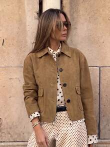 Women's Vintage Brown Knit Collar Jacket With Pockets, Long Sleeve Regular Length, Suitable For Autumn/Winter - Brown - View 1