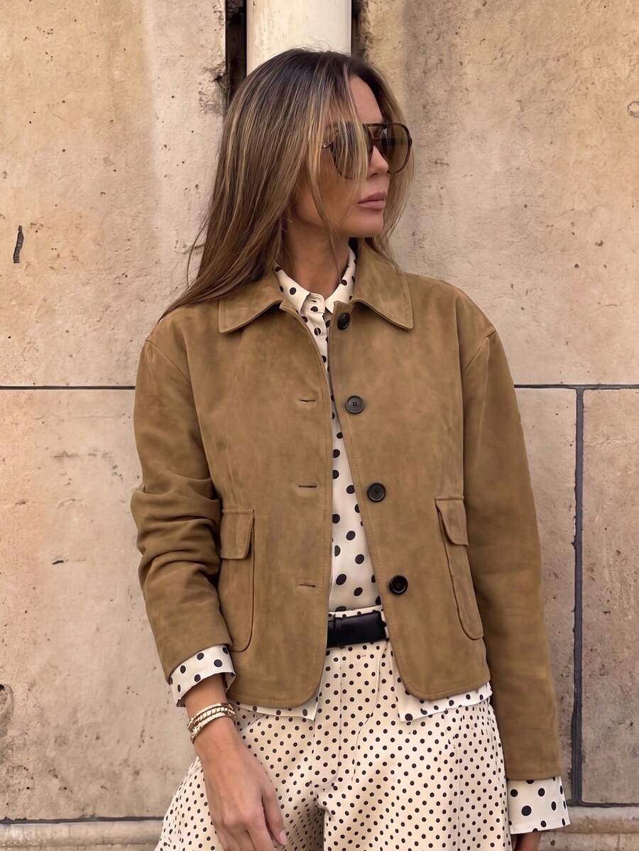 Women's Vintage Brown Knit Collar Jacket With Pockets, Long Sleeve Regular Length, Suitable For Autumn/Winter - Brown - View 1