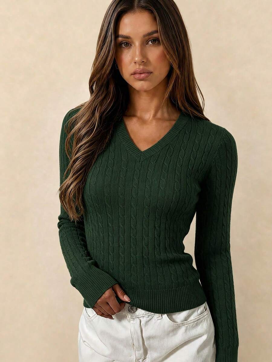 Apperloth A Women's Spring Casual Thin Soft V-Neck Long Sleeve Fitted Short Textured Knit Pullover Sweater - Dark Green - View 1