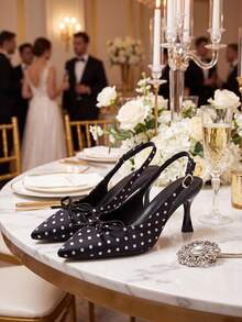 Black Polka Dot Pointed Toe Open Back High Heels, Cute Bow & Buckle Design, Elegant Satin Shoes, Suitable For Summer Dates, Dinners, Parties, Weddings - Black - View 3