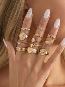 12 Pcs Vintage Ins Rhinestone Star Moon Stackable Rings Fashion Geometric Metal Heart Letter Rings, Suitable For Daily Wear - Gold - View 6