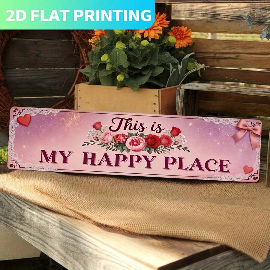 2D Flat Single Piece, Vintage Metal Sign Decor "This Is My Happy Place", Pink Rose Design, Retro Style Wall Art, Suitable For Home, Bedroom, Patio, Garage - Perfect Housewarming Gift (Random Style) - A - View 1