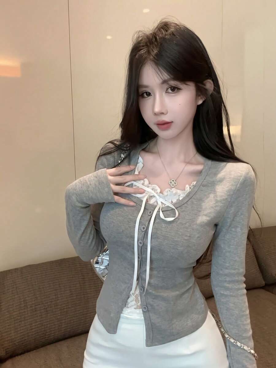 Casual Lace Patchwork 2 In 1 Bowknot Long Sleeve Women's Top Autumn - Grey - View 1